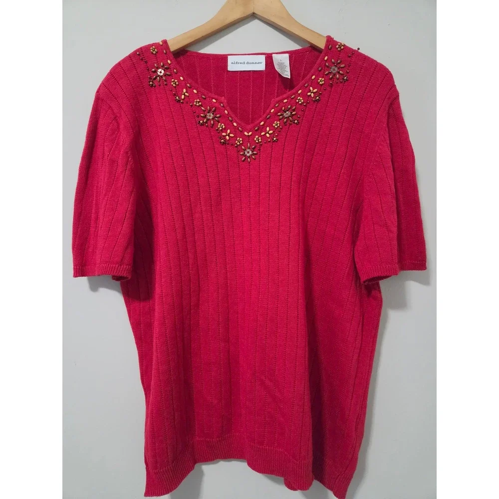 Alfred Dunner Womens Red Ribbed Knit Beaded Floral V-Neck Short Sleeve Sweater L